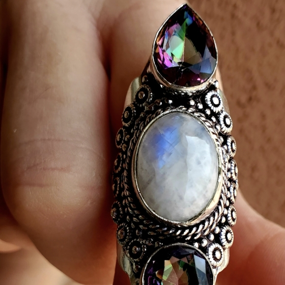 New Rainbow Moonstone & Mystic Topaz Silver Statement Ring. - Picture 6 of 11